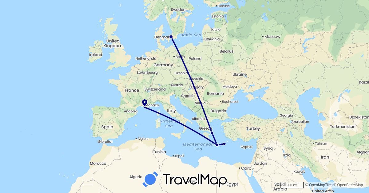 TravelMap itinerary: driving in Denmark, France, Greece (Europe)